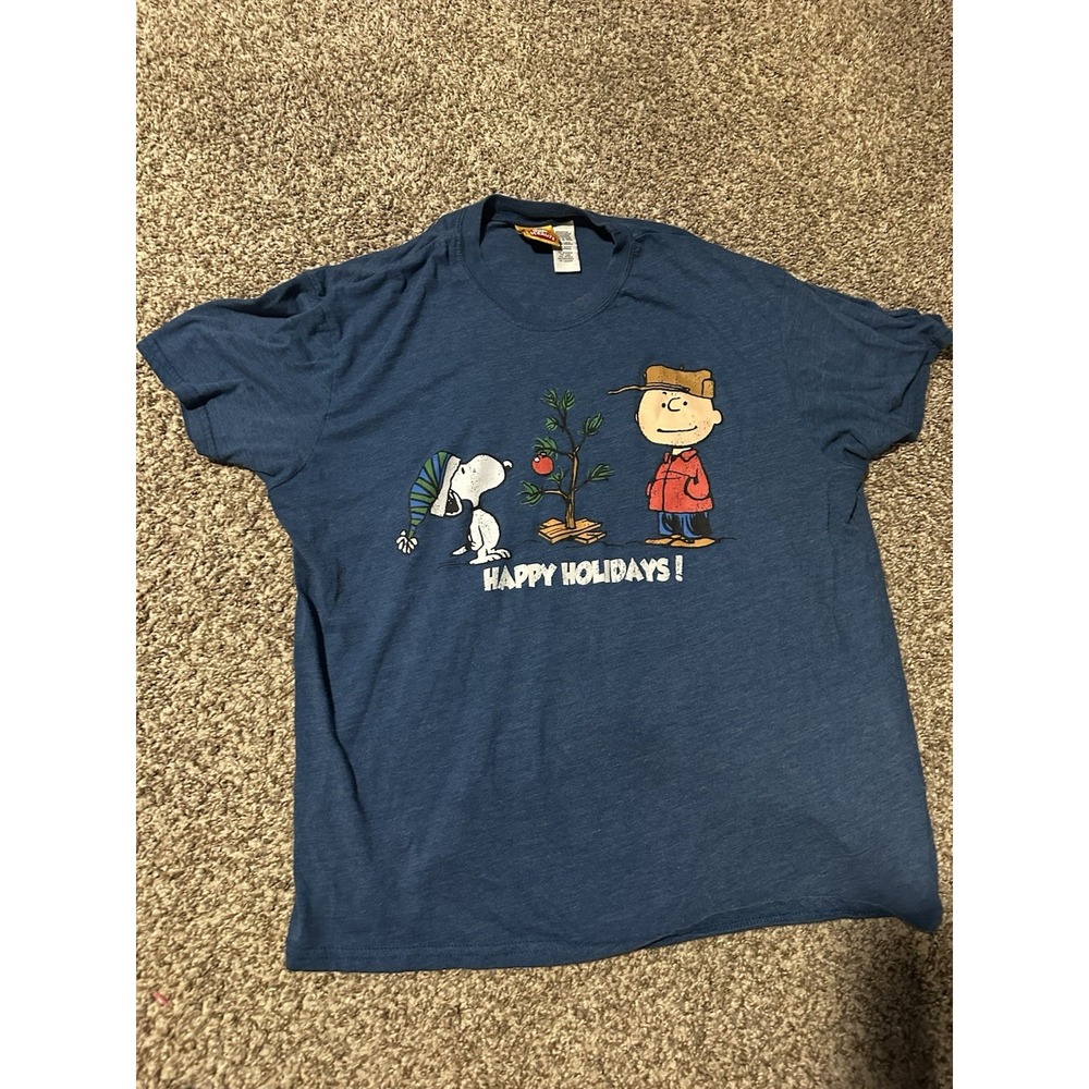 Vtg Peanuts Adult L Blue T Shirt Snoopy Charlie Brown Xmas Tree Happy Holidays